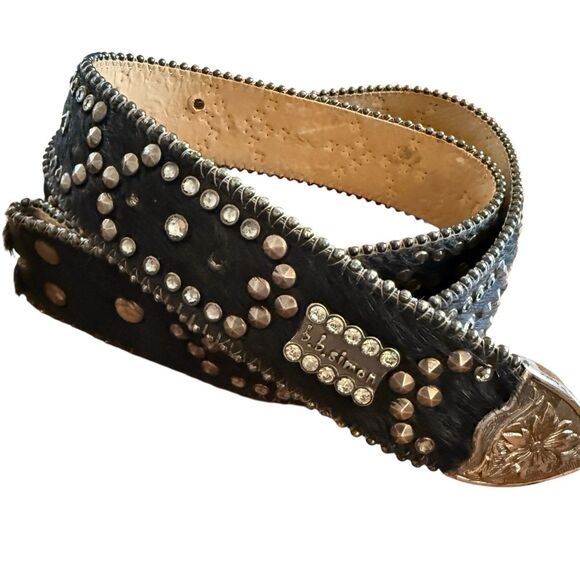 BB Simon Crystal Beaded Studded Western Black Leather Belt Sz L 32-38” Pony Hair